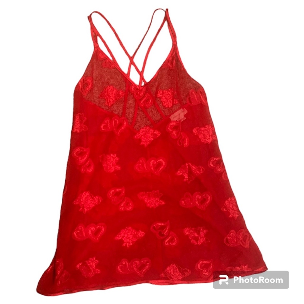 90s Jones New York Red Lingerie Slip Dress with Rose & Heart Print, Size L